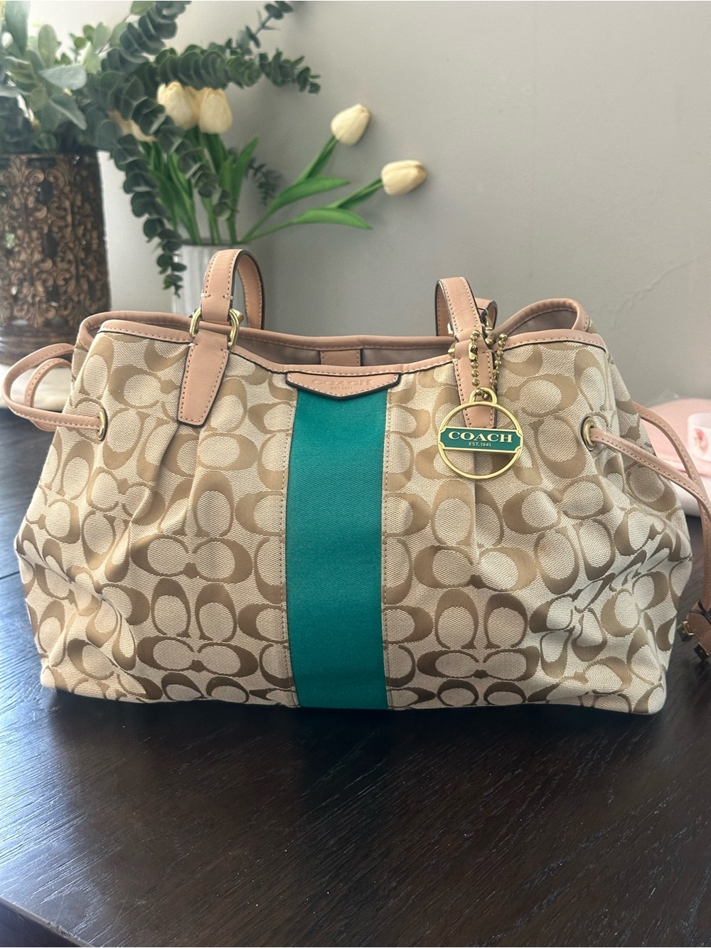Coach Beige Signature Canvas Tote with Teal Center Stripe and Tan Trim